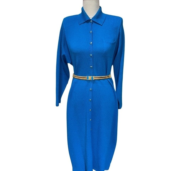 St. John by Marie Gray Knit Sweater Collard Dress With Gold and Blue Belt - Picture 4 of 16
